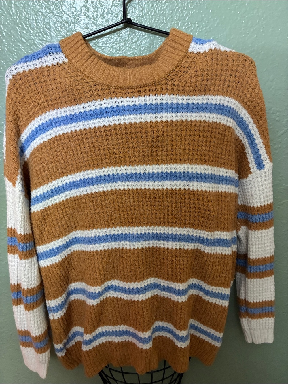 Striped Crewneck Sweater - Camel, White & Light Blue